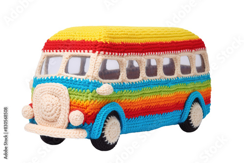 Crocheted Journey: Whimsical Bus Toy on White or PNG Transparent Background. photo