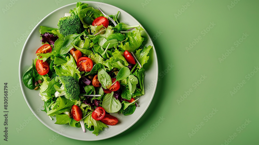 healthy dish on a plate , on a solid green background, top view, real photo, with empty copy healthy dish on a plate , on a solid green background, top view, real photo, with empty copy