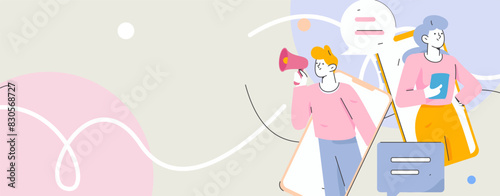 Virtual characters social communication concept business flat vector hand drawn illustration

