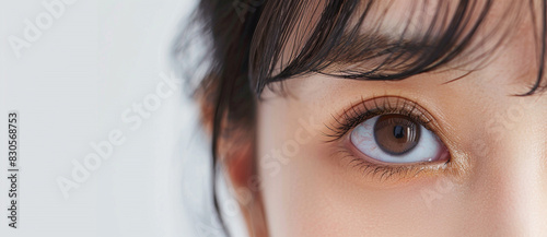 Photo of a closeup on an eye and eyelashes, an Asian woman's face portrait with brown eyes looking at the camera over a white background, a copy space concept for vision health care advertising banner