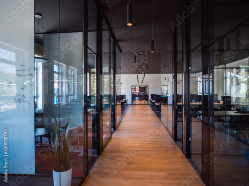 Vászonkép In a setting of modern, glass-walled business startup offices, the open, airy wo