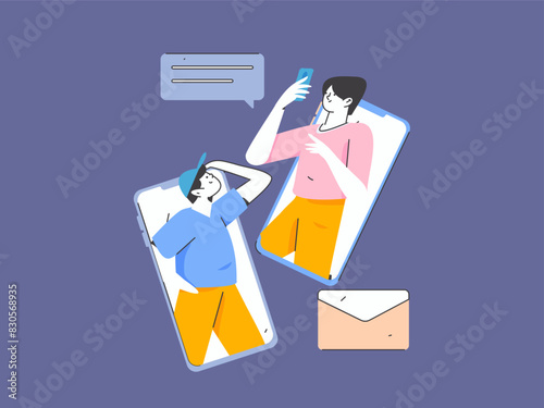 Virtual characters social communication concept business flat vector hand drawn illustration
