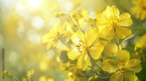 spring nature background. spring yellow flowers close up on abstract light backdrop.