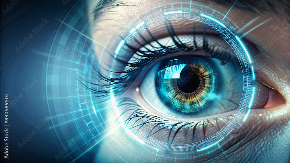 Close-up of a woman's blue eye with digital theme Close-up of a woman's blue eye with digital theme