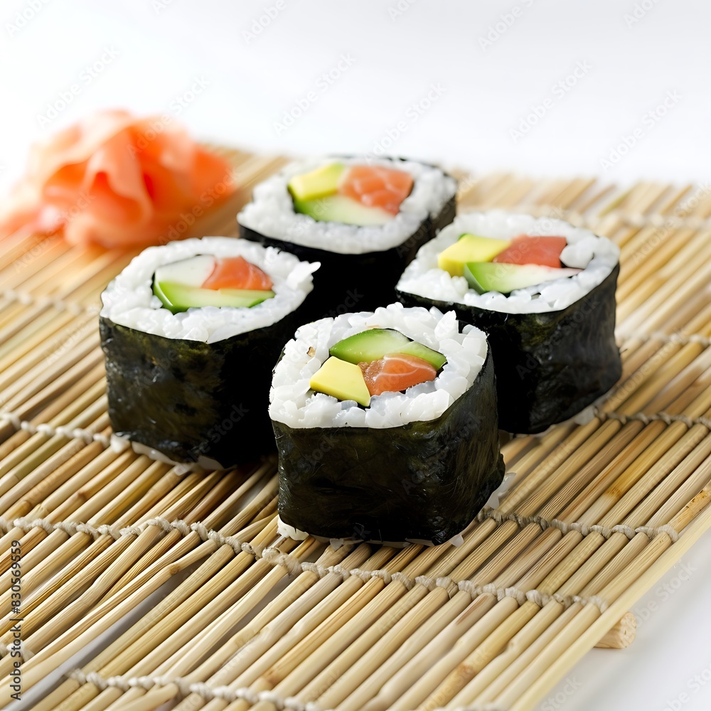 Fresh sushi on a bamboo mat against a white background Fresh sushi on a bamboo mat against a white background