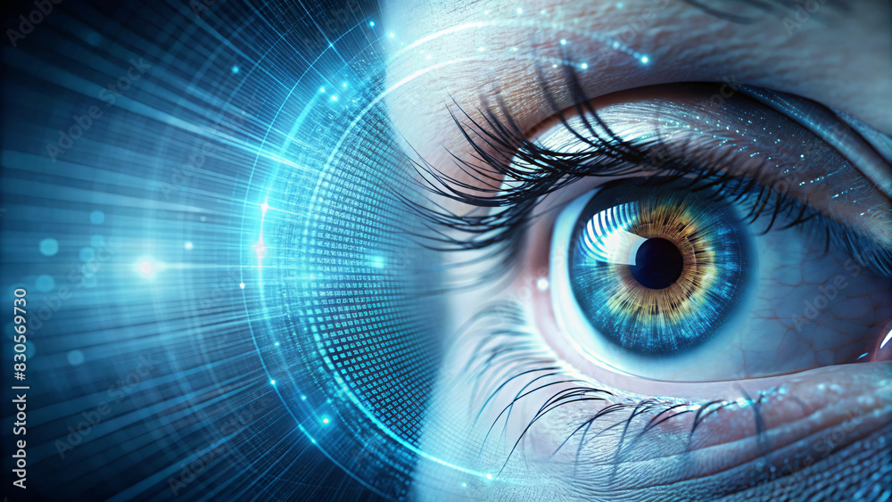 Close-up of a woman's blue eye with digital theme Close-up of a woman's blue eye with digital theme