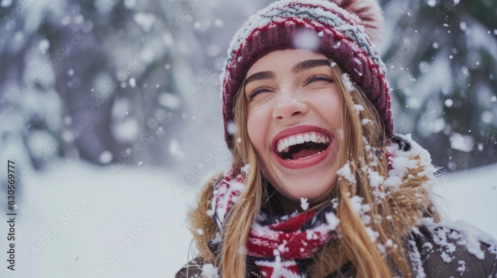 A smiling woman wearing a red and white hat and scarf is in the snow. She is laughing and she is enjoying herself A smiling woman wearing a red and white hat and scarf is in the snow. She is laughing and she is enjoying herself