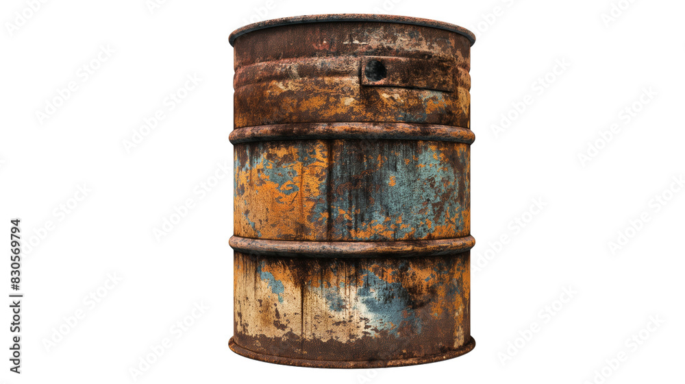 rusty old metal barrel, Old rusty steel oil barrel on transparent background