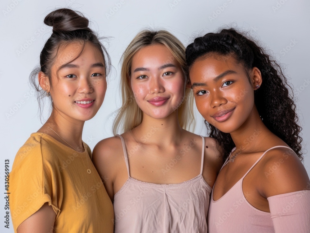 Three women are smiling for the camera, with one wearing a yellow shirt. The girls are posing for a photo, and their smiles convey a sense of happiness and camaraderie Three women are smiling for the camera, with one wearing a yellow shirt. The girls are posing for a photo, and their smiles convey a sense of happiness and camaraderie