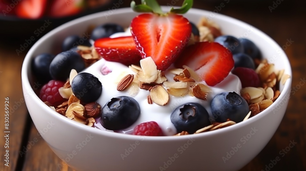 A bowl of fruit with blueberries, strawberries, and nuts