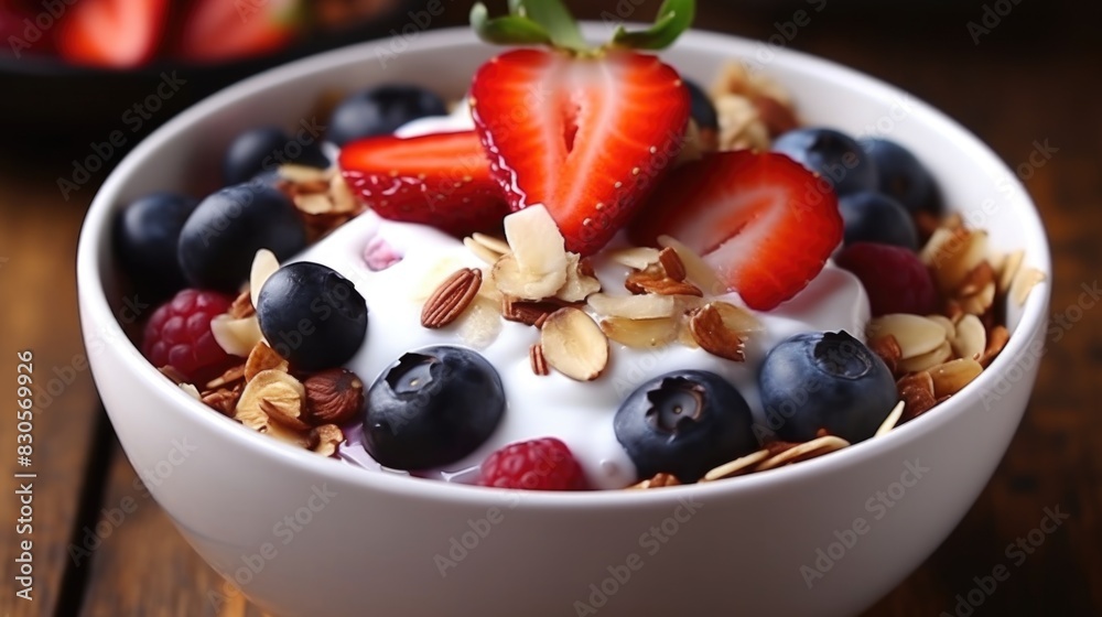 A bowl of fruit with blueberries, strawberries, and nuts A bowl of fruit with blueberries, strawberries, and nuts
