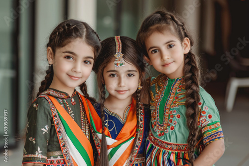 Three young girls wearing colorful clothing and braid their hair. They are smiling and posing for a picture