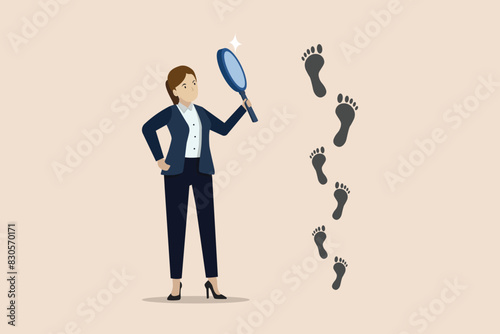 Business success footprint, beyond bigger steps or career path or job skills development concept, businessman using magnifying glass investigating bigger steps.