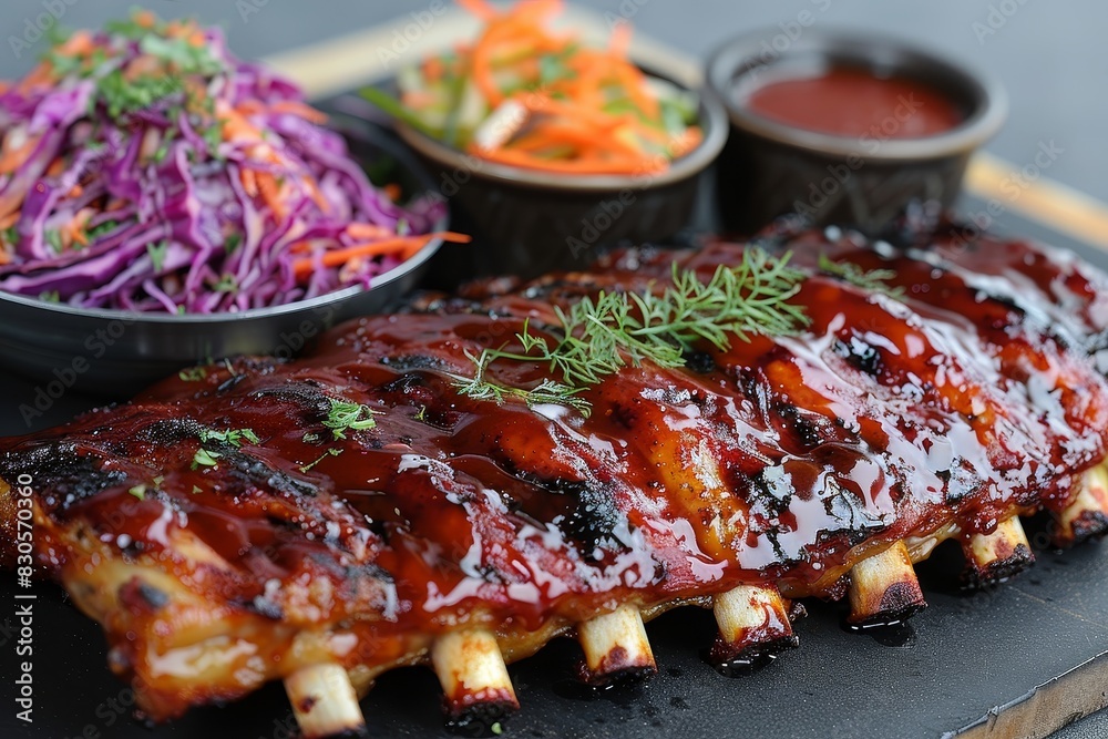 BBQ Ribs - Glazed ribs with a sticky BBQ sauce, served with coleslaw. 
