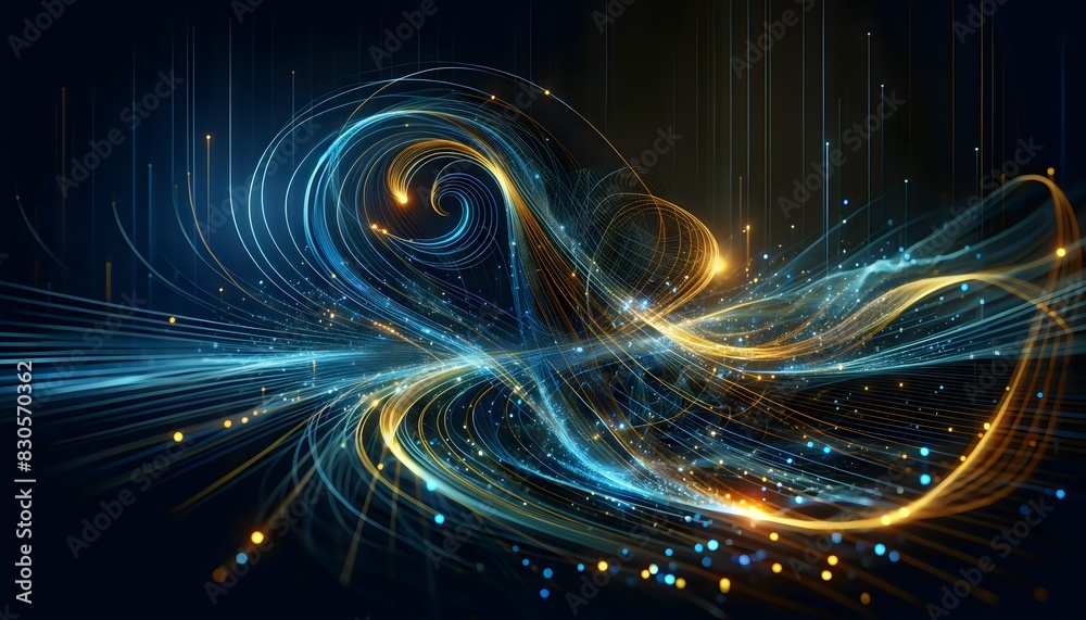 grace and mystery of a cosmic dance, where swirling patterns of blue and gold spiral across a dark, starry backdro grace and mystery of a cosmic dance, where swirling patterns of blue and gold spiral across a dark, starry backdro