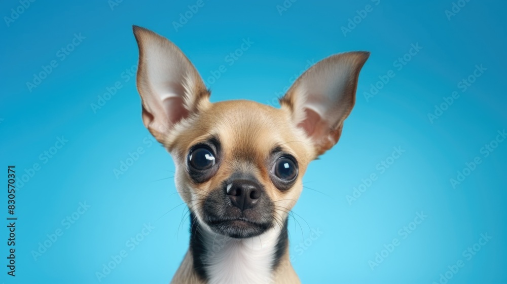 A small brown and white dog with big ears is staring at the camera. The dog's eyes are closed, and it has a cute, innocent expression. The blue background adds a sense of calmness