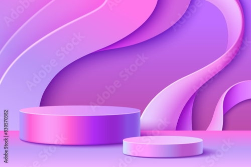 3d pink hologram podium background. Abstract cosmetic product platform bg. Holographic gradient cylinder pedestal in studio room with wave flow on wall. Premium bright modern realistic sward showcase