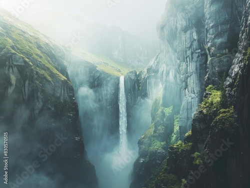 A waterfall is flowing down a rocky cliff. The mist from the waterfall is creating a serene and peaceful atmosphere