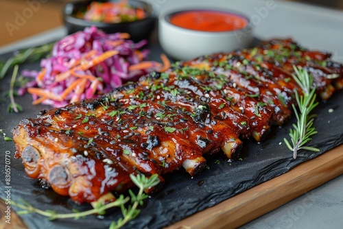 BBQ Ribs - Glazed ribs with a sticky BBQ sauce, served with coleslaw.  © Nico