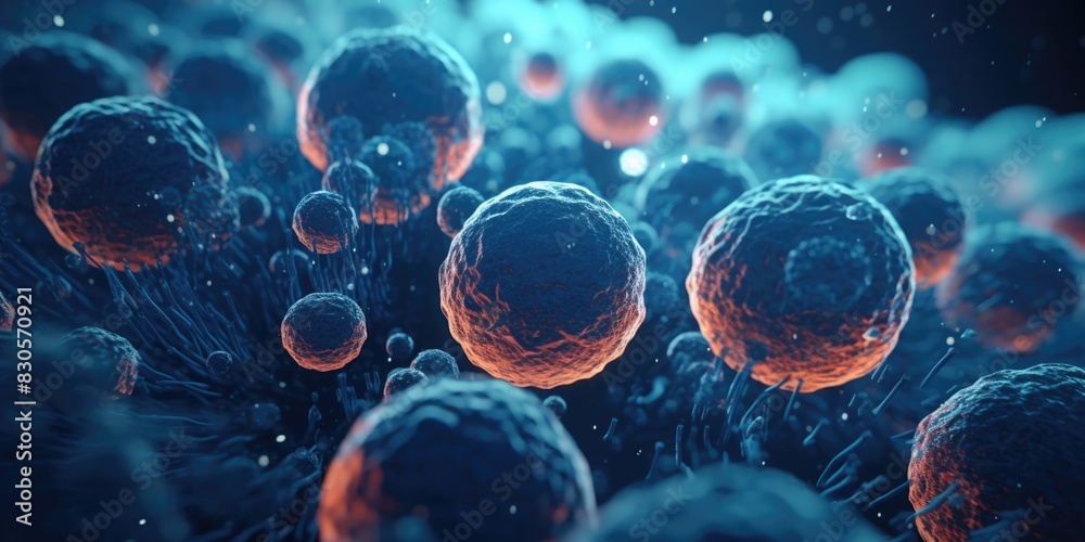 A close up of many small blue and orange spheres. The spheres are all different sizes and are scattered throughout the image. Scene is one of chaos and disorder