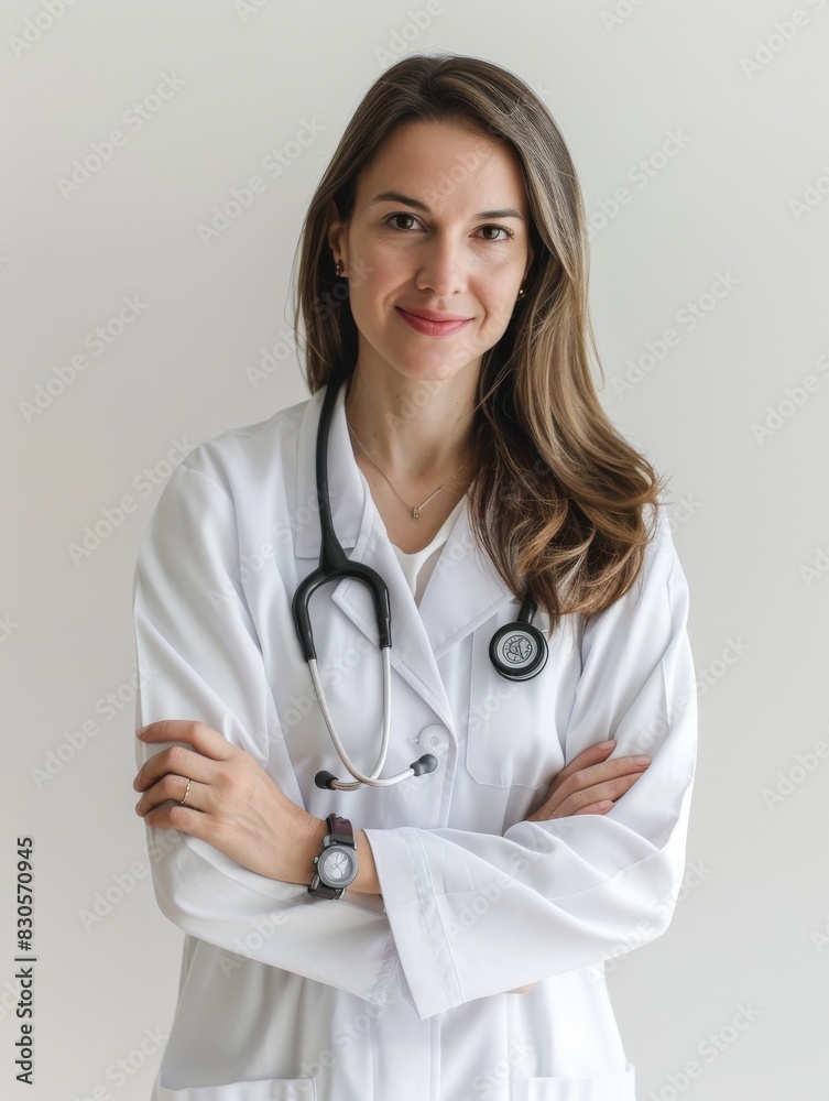 A confident female medical professional stands with folded arms and a stethoscope A confident female medical professional stands with folded arms and a stethoscope