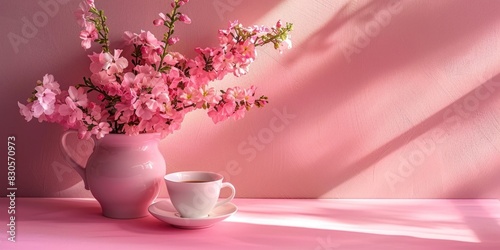 A vase of pink flowers sits on a table next to a white cup. The flowers are arranged in a way that they are almost touching the cup, creating a sense of harmony and balance