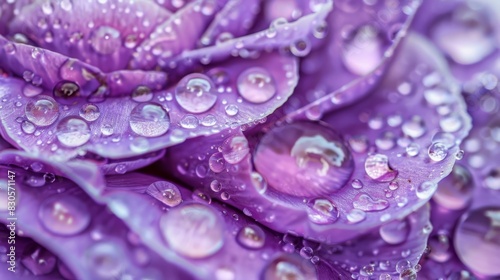  A tight shot of a purple flower, adorned with dew drops atop and beneath its petals