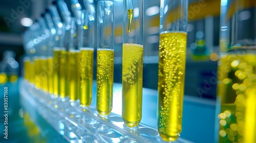  A row of test tubes filled with yellow liquid Next to it, a row of yellow flasks, also filled with yellow liquid