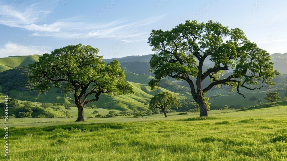 Fototapeta premium Trees standing in a verdant field with hills in the background