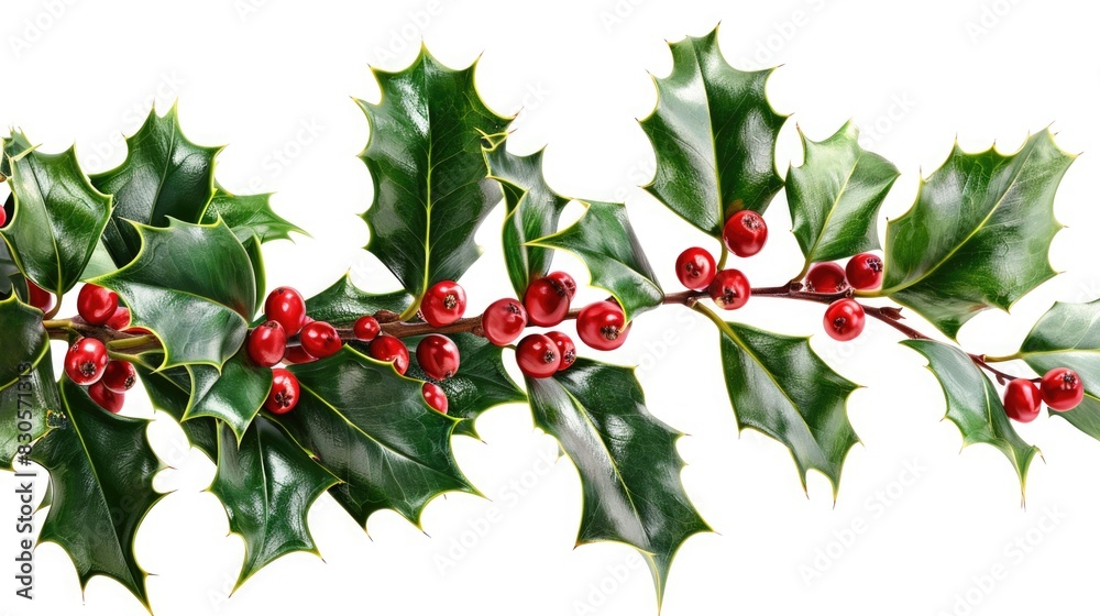 Obraz premium A red and green holly bush with berries. The bush is on a white background