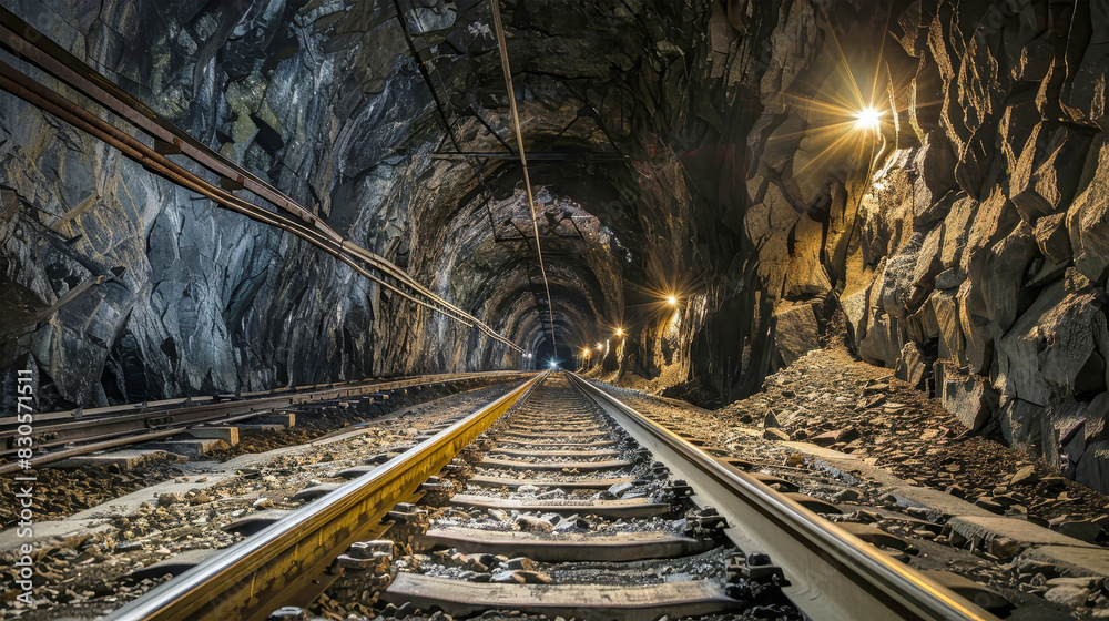Naklejka premium A train track winding through a dark tunnel in an underground mine, disappearing into the distance
