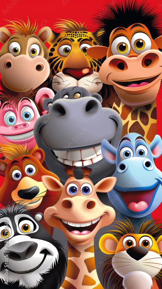 Colorful cartoon animal theme poster design for kids , background in red and black color scheme.