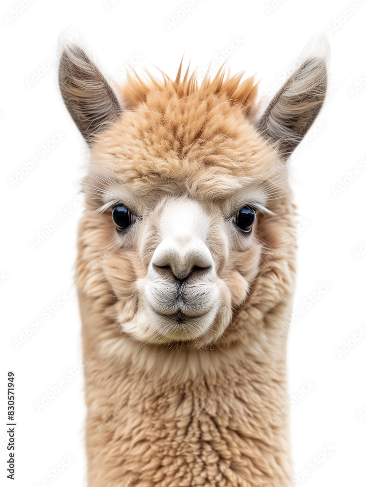 Obraz premium A cute fluffy alpaca portrait isolated on white or transparent background, png clipart, design element. Easy to place on any other background.