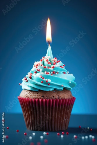 A blue cupcake with a lit candle on top. The candle is lit and the cupcake is decorated with red and white sprinkles
