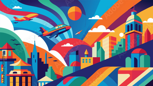 The vibrant colors of the coastal citys murals and street art are beautifully contrasted by the futuristic design of the eVTOLs zipping by overhead.. Vector illustration