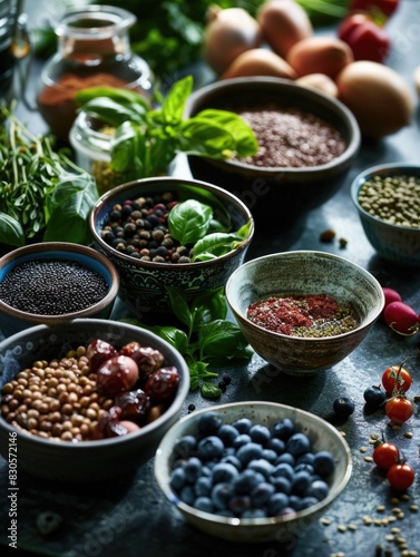 A variety of food items are displayed on a table, including beans, blueberries, and other fruits and vegetables. The table is set with bowls and a vase