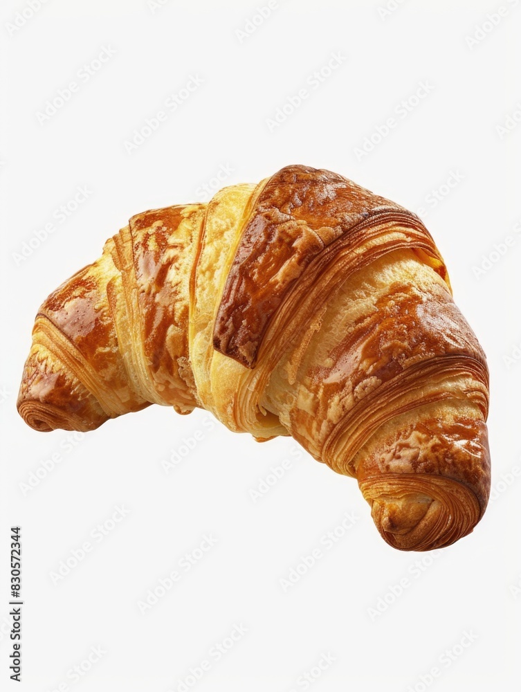 A croissant is shown with a golden brown crust and a slightly crispy texture. The croissant is sitting on a white background, which emphasizes its golden color and highlights its flaky layers