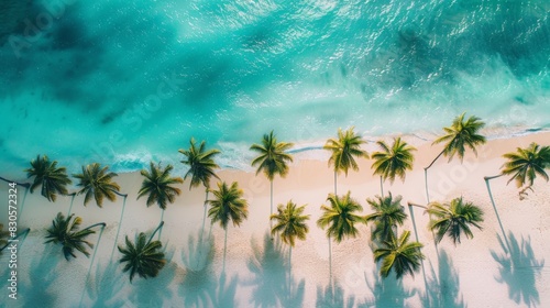 Aerial Photography of Palm Trees along the Shoreline on the Turquoise Beach