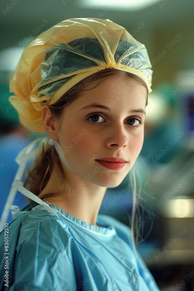 A woman in a blue surgical gown with a yellow hat on. She is smiling and looking at the camera A woman in a blue surgical gown with a yellow hat on. She is smiling and looking at the camera