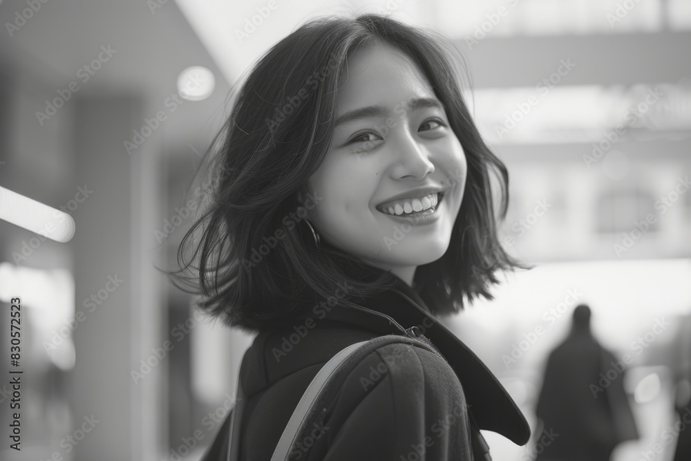 A woman with short hair is smiling and wearing a black coat. She is holding a handbag and she is in a public place A woman with short hair is smiling and wearing a black coat. She is holding a handbag and she is in a public place