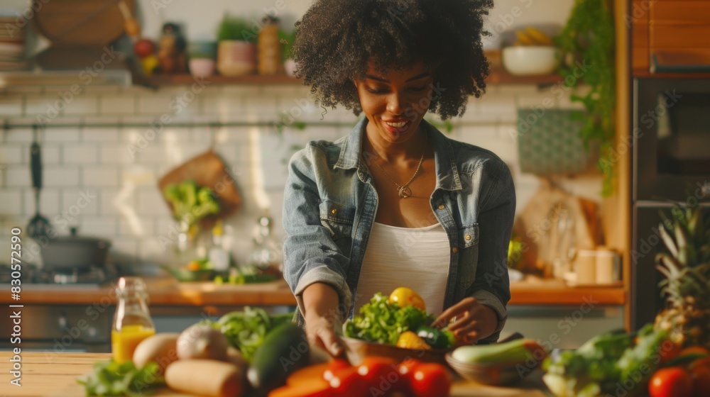 A woman is preparing a salad in a kitchen. She is smiling and seems to be enjoying herself. The kitchen is well-stocked with various fruits and vegetables, including tomatoes, cucumbers, and oranges