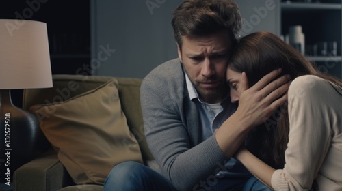 A man and woman are sitting on a couch, the man is crying and the woman is comforting him