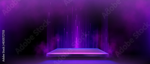 3d purple square neon light podium glow for game. Led effect hologram and product display platform in dark scene. Cyber laser room and pedestal for casino winner presentation. Realistic shine arena
