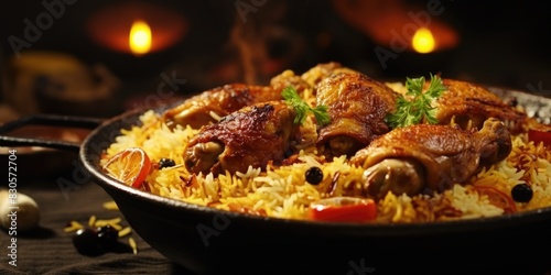 A plate of food with chicken and rice. The chicken is cooked and has a lot of seasoning on it. The rice is also seasoned and has some vegetables on top photo