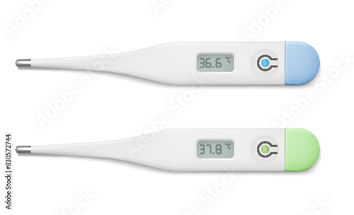 Vector realistic electronic medical thermometer for measuring. Design template of digital thermometer showing temperature. Top view