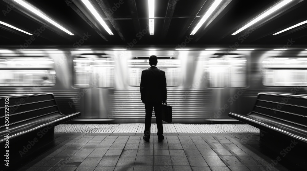 A solitary figure stands waiting in a subway station, creating a sense of anticipation and urban solitude The image captures the stark contrast between light and shadow