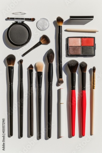 A collection of makeup brushes and makeup products are laid out on a white surface. The brushes are of various sizes and colors, and the makeup products include eyeshadow, blush, and lipsticks