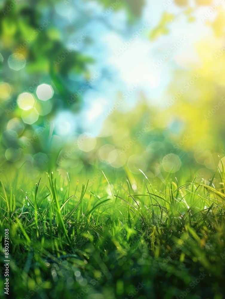 A lush green field with a bright blue sky in the background. The grass is wet and the sun is shining through the trees