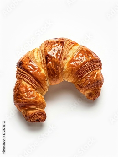 A croissant is shown on a white background. The croissant is brown and has a slightly curved shape