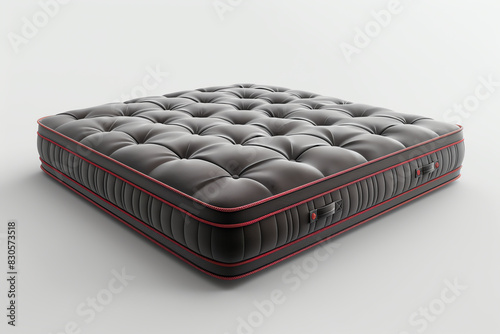 Luxurious, plush grey mattress with tufted surface and red accents, perfect for premium comfort and support. photo